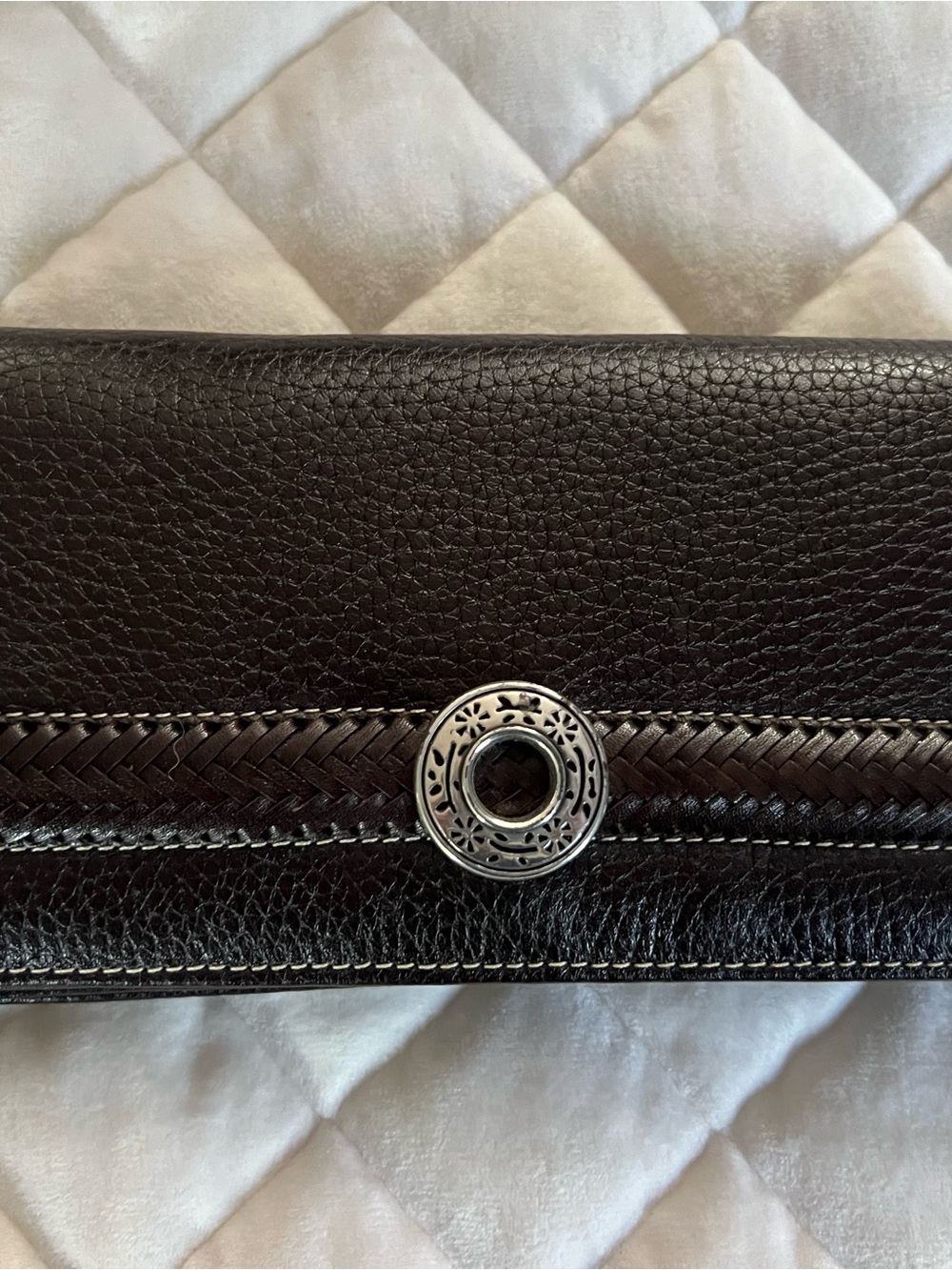 Brighton Black Leather Clutch with Decorative Silver-Tone Medallion and Heart